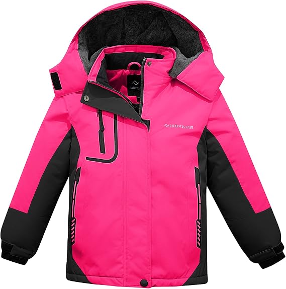 FARVALUE Girls Waterproof Ski Jacket Windproof Winter Coat Warm Fleece Snow Coat Outdoor Raincoats Hooded