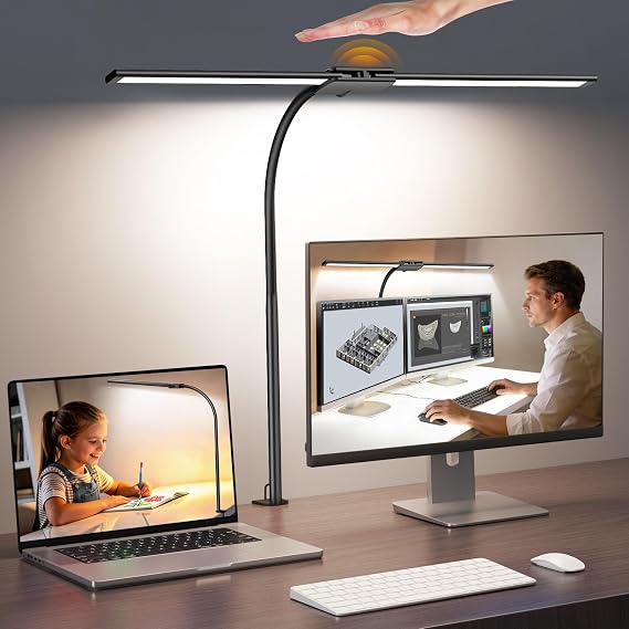 Syrinx LED Desk Lamp for Home Office, 18W 2000LM Dual Head Architect Lamp | Wide-Area Eye-Caring Lighting, Adjustable Gooseneck, Gesture & Wired Control, Memory & Timer, 50 Modes for Study & Crafting