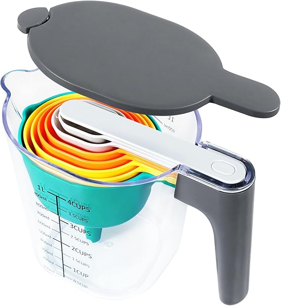 Stackable 10-Piece Measuring Cups and Spoons Set with Lids | Kitchen gadgets for cooking & baking. Includes 10 stackable cups & spoons. Dishwasher-safe. For liquid & dry, multicolor