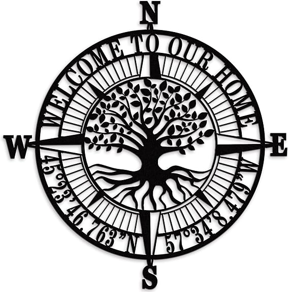Personalized Life of Tree Compass Metal Sign, Metal Nautical Wall Art, Custom Welcome Metal Sign,Personalized Coordinates Sign,Custom Coordinates Wall Decor, Beach Lake House Decor