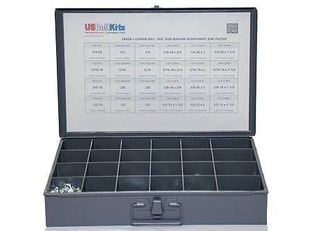 1250 Piece Grade 5 Nut Bolt Washer Drawer Assortment, Hex Head Cap Screws, Flat and Lock Washers, Hex Nuts, Coarse Thread USS Kit