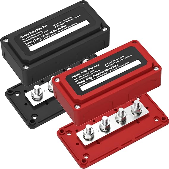 2pcs 300A Bus Bar Box Nickel Plated Brass Power Distribution Block with 4xM8 (5/16 inch) Positive Negative Ground Battery Junction Block Buss Bar with Cover DC12 24 48V(Red & Black)