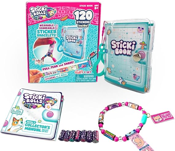 Sticki Rolls Sticker Book Toy Bracelet - 120 Holographic Stickers | Series 2, 50 Laminated Activity Pages, Kawaii Designs, Ages 3+, Wearable Shareable Toy Bracelet and Book