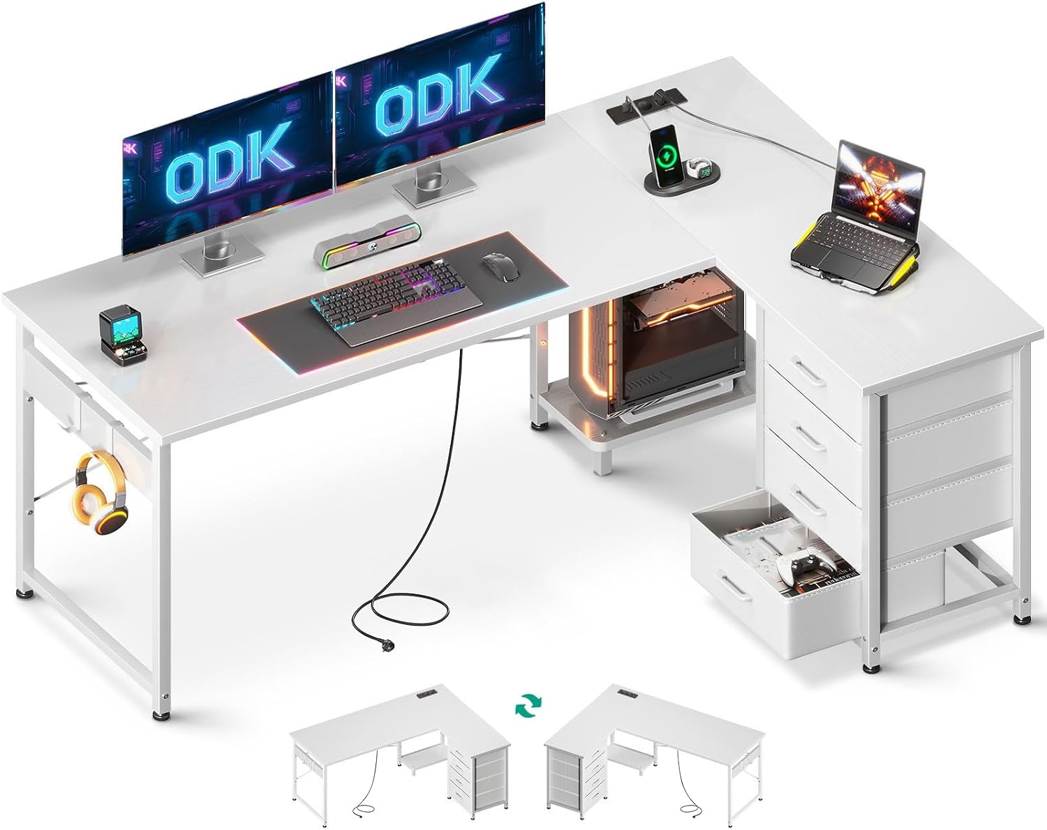 ODK Corner Desk with 4 Drawers 155 x 110 cm L Shape Desk with Socket and USB Charging Port Reversible Desk with Storage Space for Office Study Bedroom White