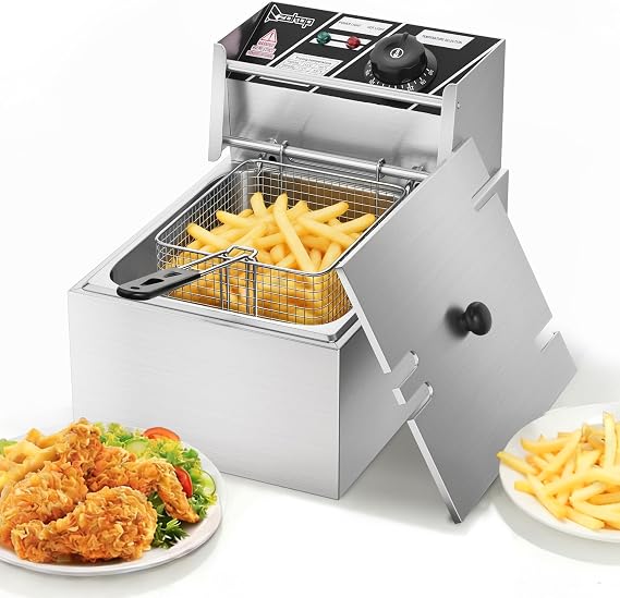 11.4QT/10.8L Electric Deep Fryer with Basket and Lid, 2500W Electric Fryer, Countertop Oil Fryer for French Fries, Onion Rings, Donuts, Temperature Adjustable 140-392F, Stainless Steel Single Tank