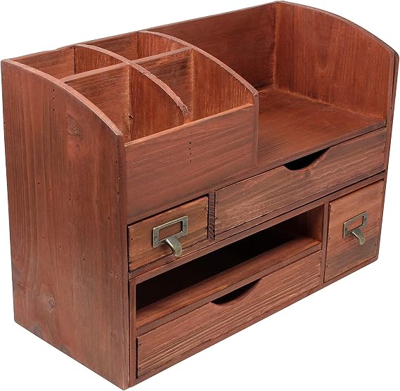 Executive Office Solutions Adjustable Wooden Desk Organizer For Desktop, Tabletop, Office or Counter – Wood Storage Shelf Rack For Office Supplies, Desk Accessories, or Mail – Cherry