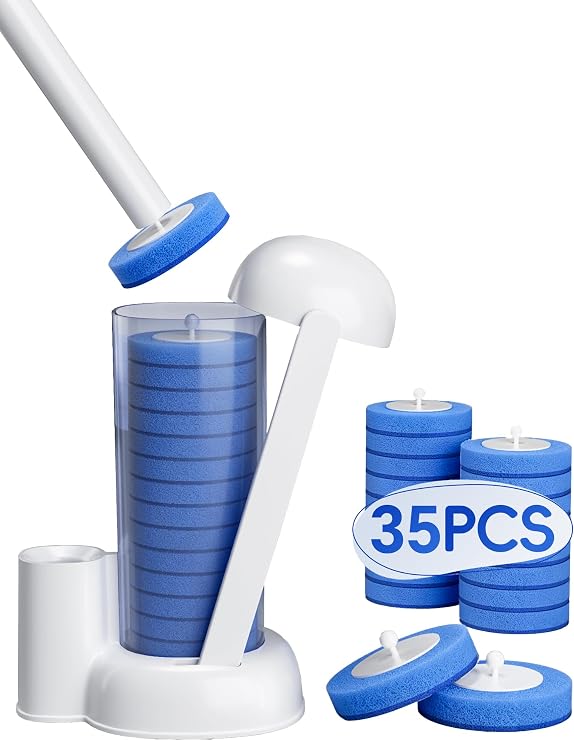 Disposable Toilet Brush System, Toilet Bowl Cleaning Wand with Lift-to-Open Refill Case, Blue Refill Heads and Freestanding Holder, 1 Wand and Holder Set with 35 Blue Refills