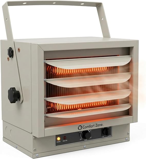 Comfort Zone 5000W Ceiling Mounted Garage Heater 240V Electric Shop Heater with 3 Heat Settings, Overheat Protection, Indoor Use, ETL Listed, Grey