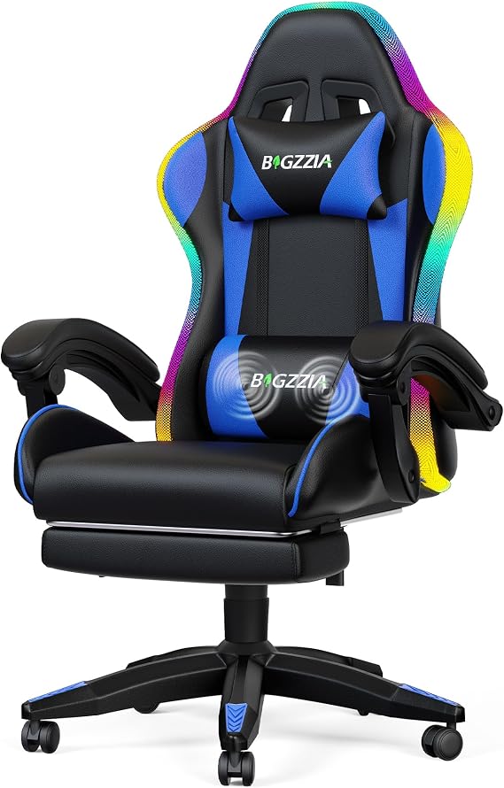Bigzzia LED Gaming Chair with Footrest, Lumbar Massage for Adult/Kid(Blue)