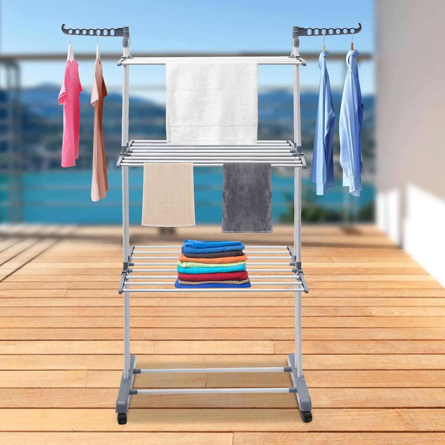 Clothes Drying Rack,Oversized 4-Tier67.7 High Foldable Stainless Steel Drying Rack Clothing,Movable Drying Rack With 4 Castors, 24 Drying Poles & 14 Hooks For Bed Linen, Clothing, GreyBlue Gray