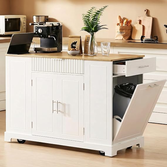 Merax Fluted Kitchen Island with Trash Can Storage Cabinet, Power Outlet, Internal Storage Rack, Rolling Kitchen Storage Cart on 5 Wheels with 3 Drawer, 3 Open Side Racks, White
