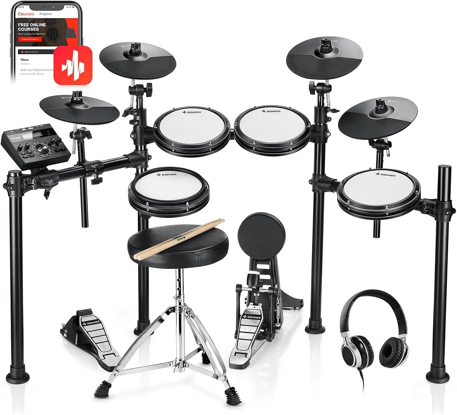 thunder ded200x e drum set e drums with quiet mesh drum pads 2 cymbals with choke 31 kits and over 450 sounds throne headphones sticks usb midi melody lessons 5 pads 4 cymbals