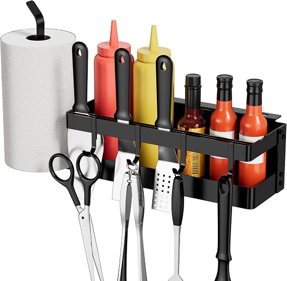 Upgraded Griddle Caddy for Blackstone 17"/28"/36"/Prep Cart - Blackstone Griddle Accessories BBQ Storage Organizer with Paper Towel Holder & 4 Hooks for Outdoor BBQ Grill Accessories