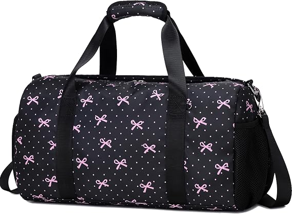 Dance Bag for Girls Ballet Duffle Gym Bag, Black Bow Print | Overnight Sleepover Bags, Sports Gym Bags, Shoe Compartment, Wet Pocket