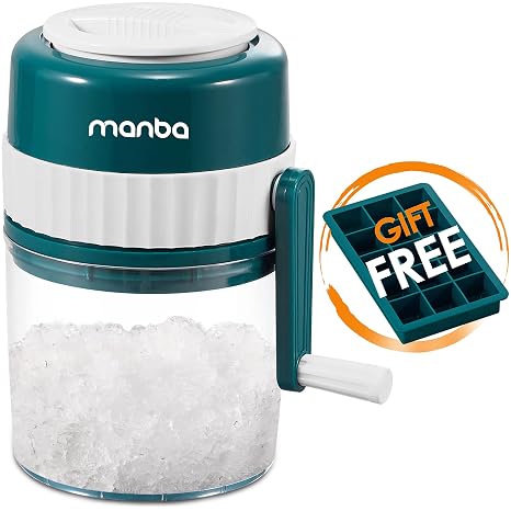 MANBA Manual Snow Cone Machine Maker for Shaved Ice, Snowcones, Slushes | Hand Crank, 3Blades for Fast Shaving, Easy for Kids, Portable for Party, Camping, with Ice Cube Tray, Spare Blades Available