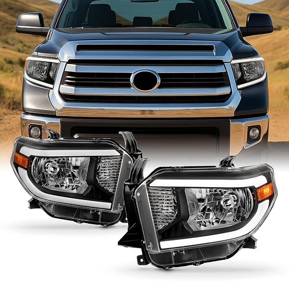 AKKON - For 2014-2020 Toyota Tundra Pickup Headlights | [For Halogen Model Only] Dual LED DRL Light Bar Black Housing Clear Lens Driver And Passenger Side Direct Replacement
