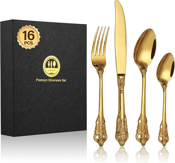 BEWOS 16 Piece Gold Palace Cutlery Set, Premium Stainless Steel Cutlery, Embossed Design Handles, Family and Banquet Knife and Fork Sets, Stunning Polished & Gift Wrapped, Dishwasher Safe