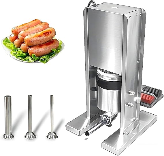 Automatic Sausage Filler, Electric Vertical Sausage Stuffer Machine Stainless Steel with 3 Sausage Stuffer Tubes, Foot Pedal Control, Meat Kitchen Machine for Home & Commercial Kitchens