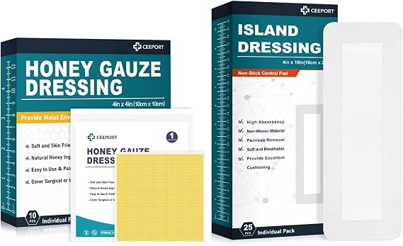 Ceeport Honey Gauze Dressing(4" x 4" 10 Pack)+Island Dressing(4" x 10" 25 Pack)