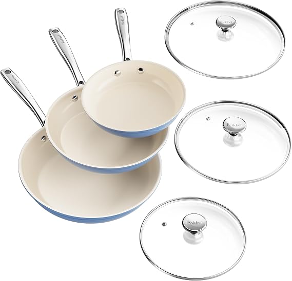 Redchef Nonstick Cookware Sets, Ceramic Frying Pan Set with Tempered Glass Lids, Non Stick Cooking Set, Dishwasher & Oven Safe, Induction Safe, Compatible with All Cooktops, Blue (8", 9.5", 11")