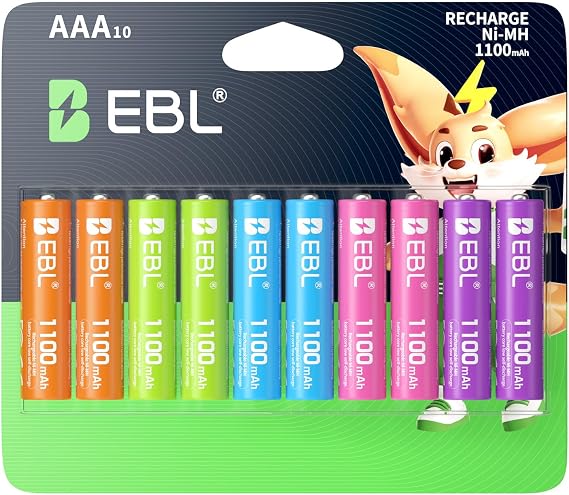 EBL Rechargeable AAA Batteries 10 Pack, 1.2V NiMH Pre-Charged Triple A Battery 1100mAh
