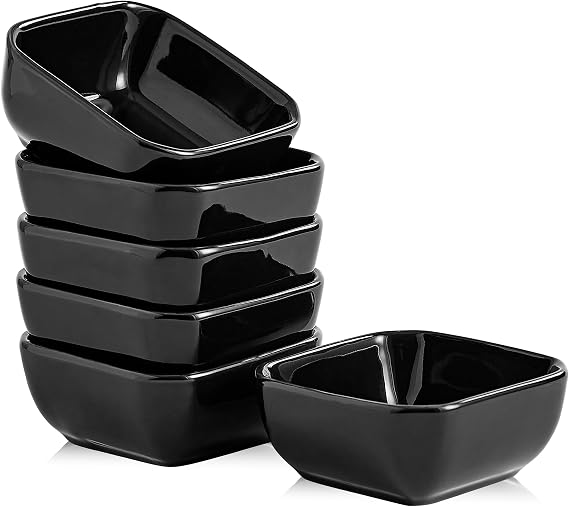 Ceramic Dipping Bowls Set of 6,3 Ounce Porcelain Small Mini Dip Bowl Square Soy Sauce Dish - Good for Tomato Sauce, Sushi Soy, BBQ,Charcuterie Board(Black)