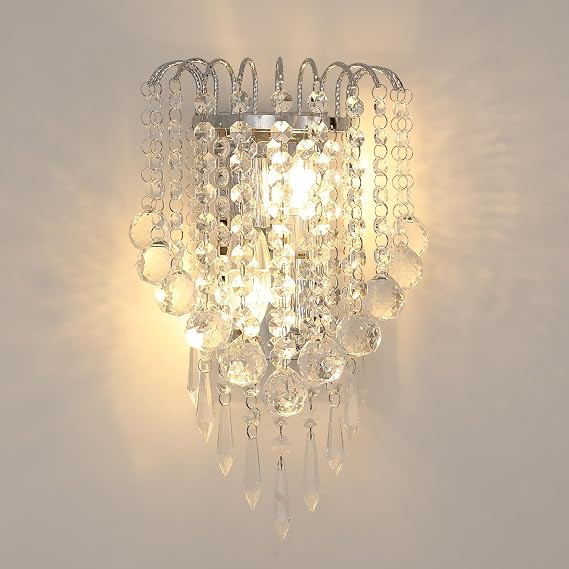 Goeco Crystal Wall Sconces, 11.8x7 Inch Chrome Wall Sconce Luxury Crystal Drops Shade Wall Light, E12*2 Socket Modern Indoor Wall Lights for Bedroom, Corridor, Living Room, Bedside, Bathroom