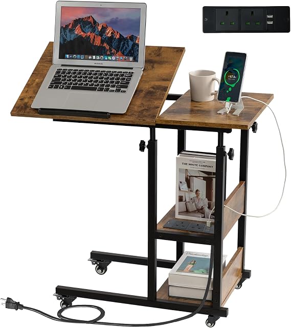 Hadulcet c shaped side table, sofa table with Charging Station, Adjustable Height, c table end table with Storage Space for Living Room, Bedroom, Small Space, Rustic Brown