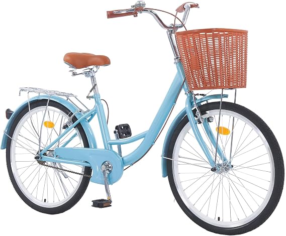 Hybrid Bikes for Women, 24/26 inch Adult Bicycles Lightweight Hi-Ten Steel Frame Road Bike Single Speed with Rear Rack and Basket, Commuter City Bike, Comfort Lady Bicycle, Vintage Adult Bike