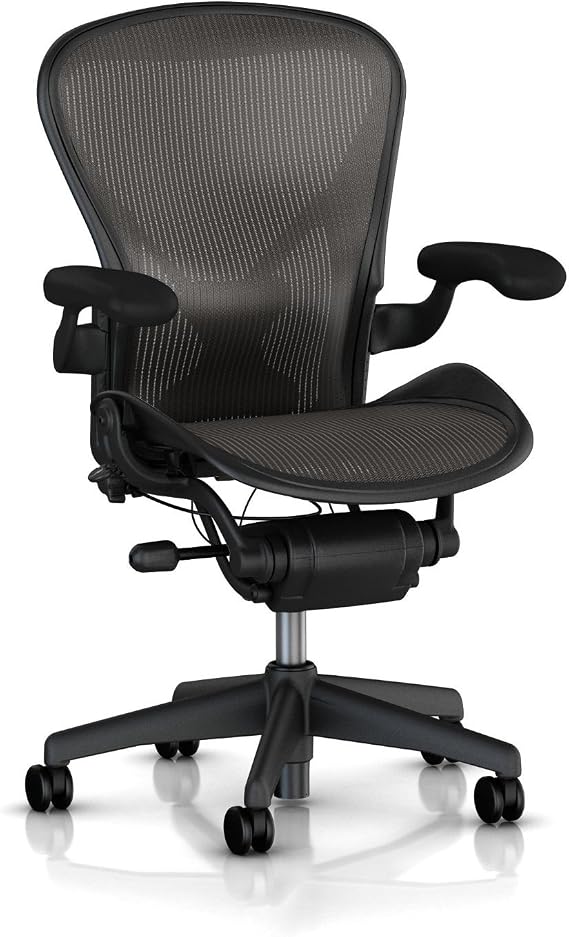 Herman Miller Aeron Task Chair: Tilt Limiter, PostureFit Support, Fixed Vinyl Arms, Standard Carpet Casters, Black, Mesh, Modern, Office