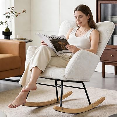 Teddy Rocking Chairs, Upholstered Glider Rocker with High Backrest, Rocking Accent Chair Padded Seat for Reading & Gaming, Modern Armchair Comfy Side Chair for Living Room Teddy, White, Single