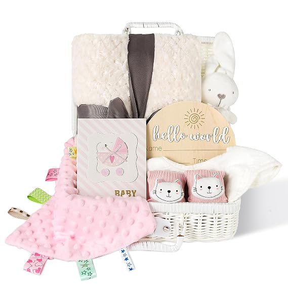 Baby Shower Gifts for Girls Unique Gift Basket 8 Pack - Baby Lovey Blanket Newborn Bibs Socks Rabbit Rattle Wooden Milestones Greeting Card Set, Newborn Baby Gift Set...
