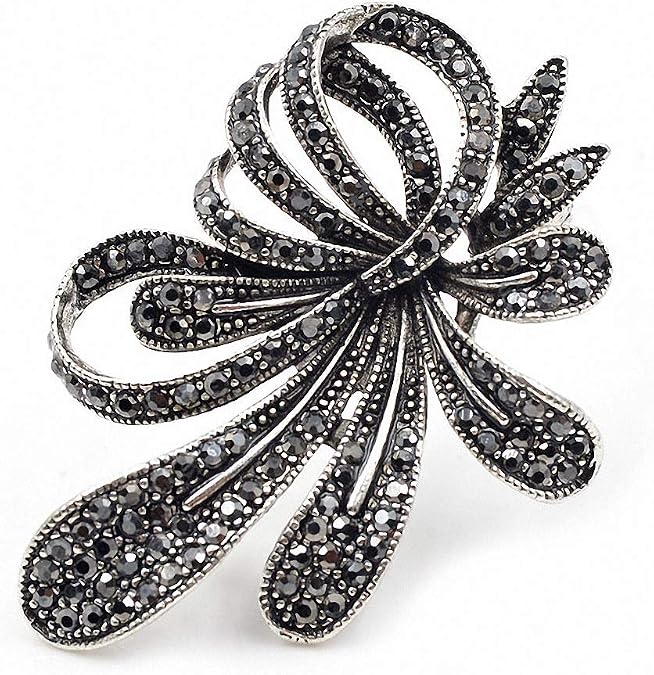 Rhinestone Black Flower Brooches Women Vintage Antique Silver Brooch Pin Elegant Exquisite Broches