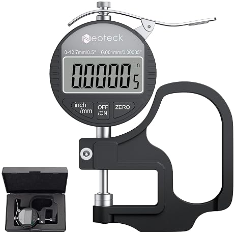 Neoteck Digital Thickness Gauge 0.5inch/12.7mm,0.00005inch/0.001mm LCD Display with Inch/MM Conversion One-Hand Quick Press Thickness Measuring Tool for Leather Paper Fabric Film etc.-Silver-Black