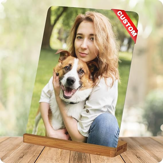 Custom Metal Photo Prints - Personalized Picture Frames for Home & Gifts, Perfect for Lovers, Family, Pet, and Special Occasions with Natural Bamboo Base (Style1)