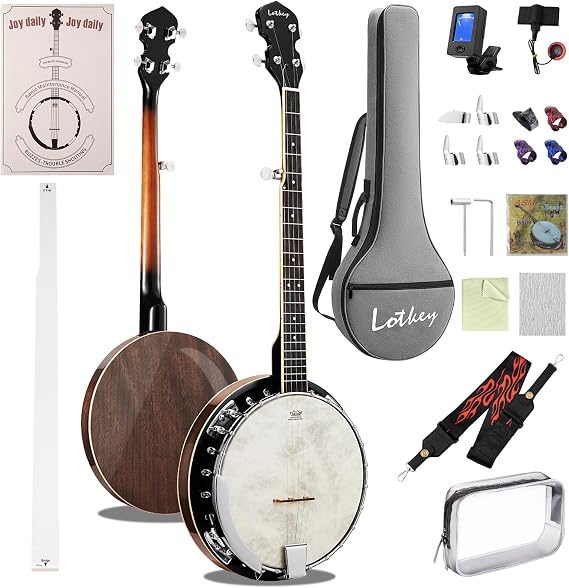 Lotkey 38-Inch 5 String Banjo, Remo Drum Head Full Size Banjos, Removable Resonator with Beginner's Manual, Banjo Strings, Bridge, Tuner, Finger Picks, Strap for Adults, Professional (Glossy Mocha)