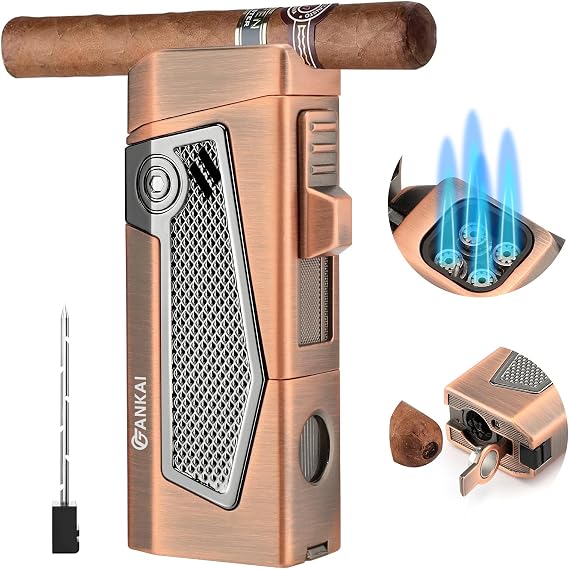 4 Torch Jet Flame Lighter - Cigar Punch, Holder, Draw Enhancer, Refillable, Windproof Lighters for Smoking Cigar Gifts