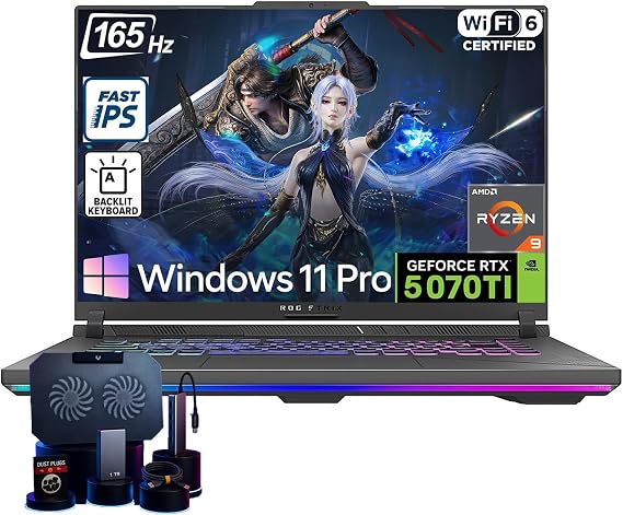 ASUS ROG Strix-G16 Gaming Laptop - AMD Ryzen 9 8940HX (Up to 5.3 GHz), NVIDIA GeForce RTX 5070 Ti, 16" 165Hz 300 nits Display, 64GB DDR5 RAM, 2TB SSD, WiFi 6E, Backlit KB, Win11 Pro, with Accessories