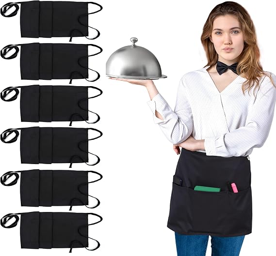 RUVANTI 6 Pack Server Aprons with Pockets, Black Apron for Men, PolyCotton Chef Aprons for Women with 29" Long Waist Strap