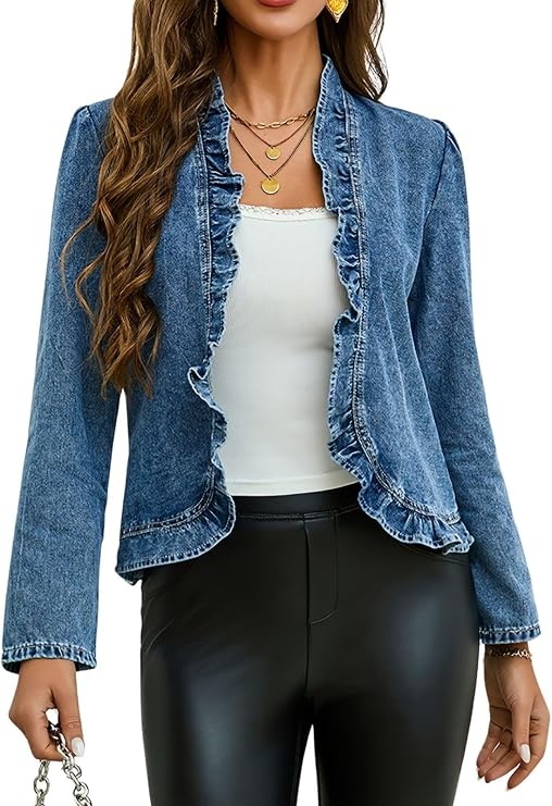 Womens Ruffled Denim Jackets Collarless Denim Jacket Jean Jacket Women Vintage Button Down Cropped Ruffle Hem Jackets