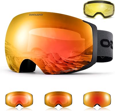 Odoland Photochromic Ski Goggles Interchangeable with 2 Lens, Large Spherical Frameless Snow Snowboard Goggles for Men Women