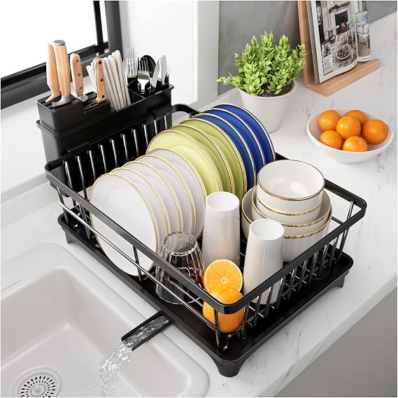 PurKeep Dish Drainer Rack,Space-Saving Kitchen Draining Rack | Dish Rack with Utensil Holder for Kitchen Counter,Dish Drying Rack with Draining Board,Black