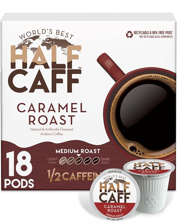World's Best Half Caff Caramel Coffee Pods 18ct Keurig Compatible | 100% Arabica Coffee Medium Roast Single Serve Capsules & Pods Compatible with Keurig K-Cup Coffee Makers