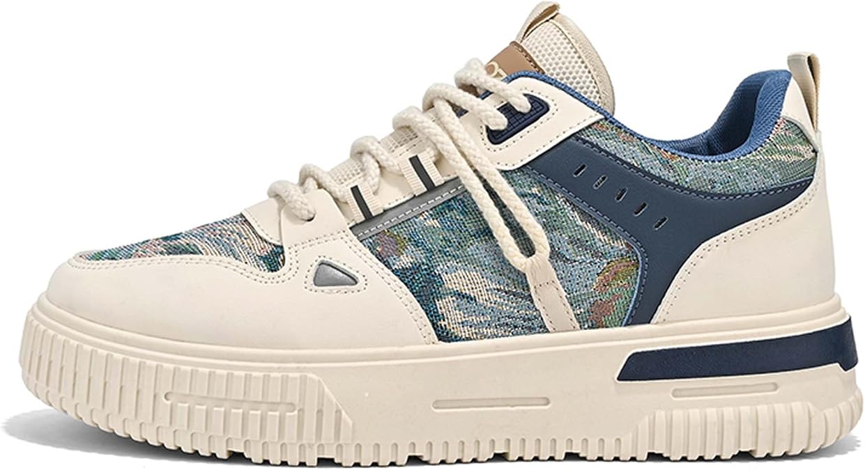 Mens and Womens Tie Up Low Top Skateboard Shoes Anti Slip and Wear Resistant Rubber Soles Casual Sneakers Patterned Short Distance Running Shoes Breathable Thick Soled Walking Shoes