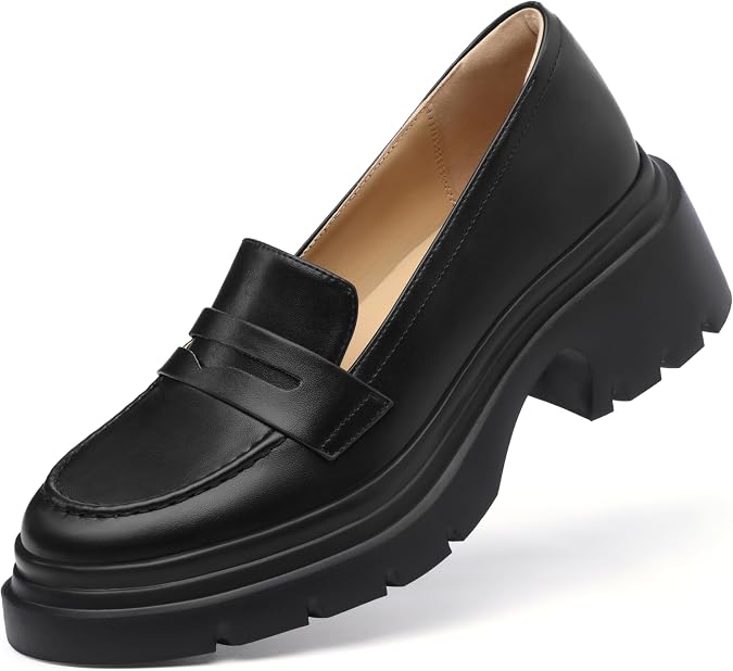 FEMSTEP Women Loafers, Platform Chunky Heeled Penny Loafers Women's Lightweight Slip On Shoes for Women Business Casual, Comfortable Work Office Dress Shoes for Womens