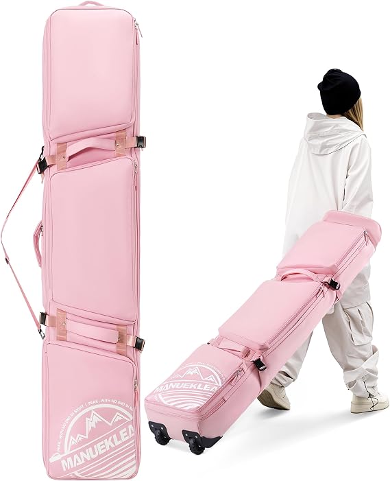 MANUEKLEAR Rolling Ski Travel Bag Holds Skis from 170-184 cm, Durable & Waterproof Snowboard Bag with Wheels, Foldable Double Ski Bag with Soft Padded and Detachable Shoulder Straps
