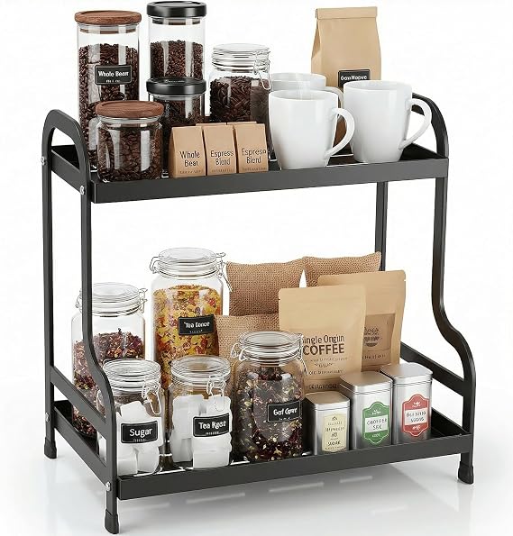2 Tier Coffee Station Organizer for Countertop,Carbon Steel Hot Chocolate Station,Coffee Bar for Kitchen,Home,Office,Kitchen Storage &