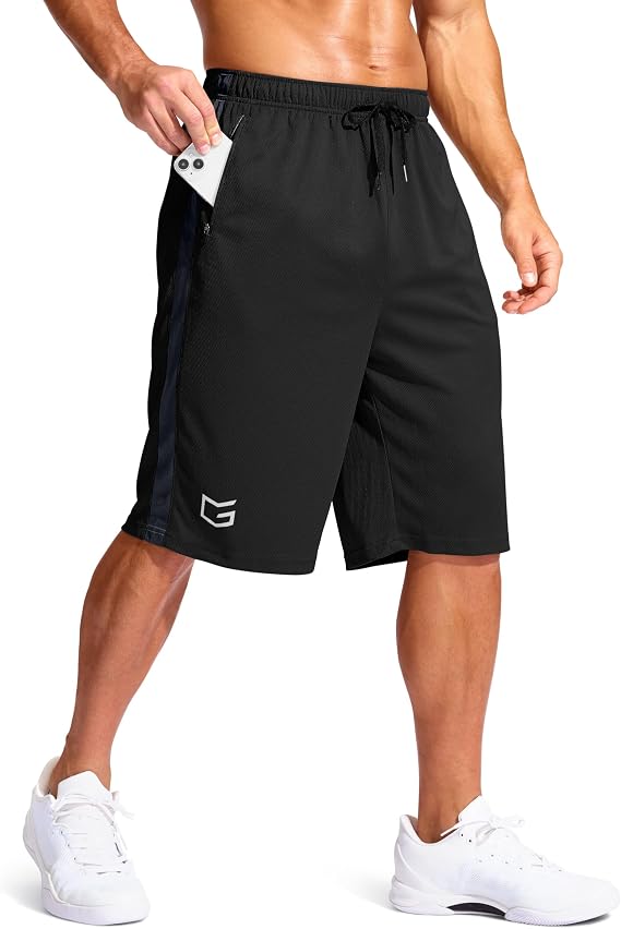 G Gradual Men's 11" Long Basketball Shorts with Zipper Pockets Drawstring Mesh Lightweight Gym Athletic Shorts for Men