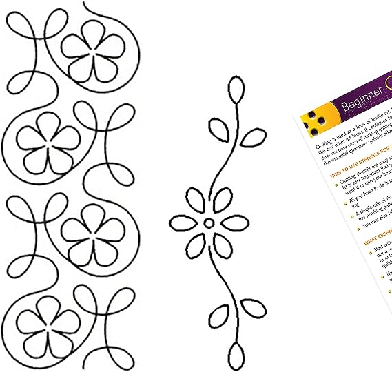 Quilting Stencils for Machine and Hand Quilting - 2 Quilting Stencils for Border Patterns - Ginger Flower Border, Flower Plastic Quilt Stencil Set with Guide