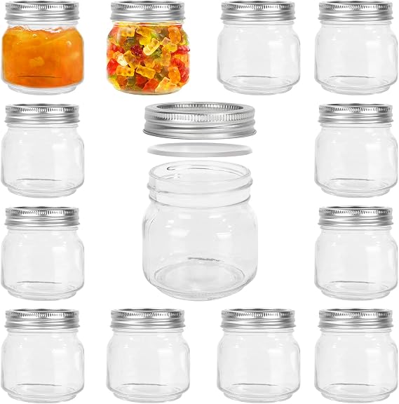 12 Pack 8 oz Mason Jars with Leak-proof Split Silver Lids | 250 ml Regular Mouth Glass Canning Jars for Jam, Fruit Storage, Party Favors, Wedding Favors & Homemade Gifts